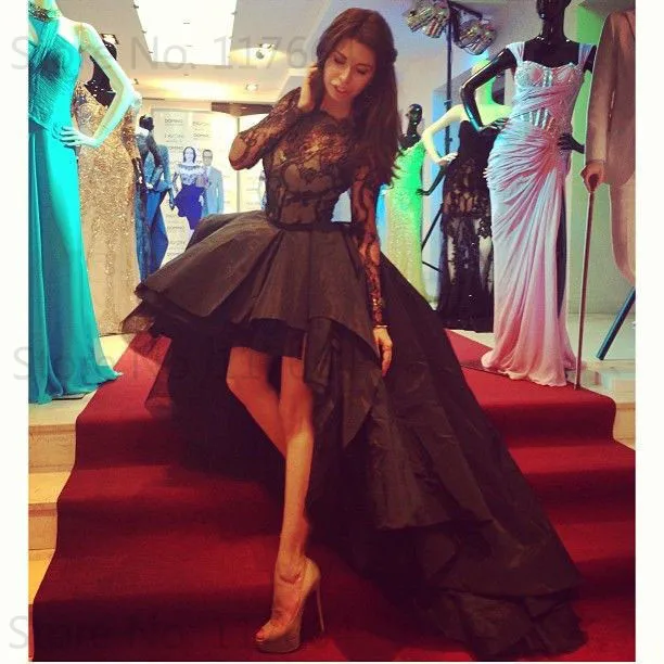 2015 Fashion Black Bateau Lace Bodice Long Sleeve Short Front Back High Low Prom Dresses | Свадьбы и торжества