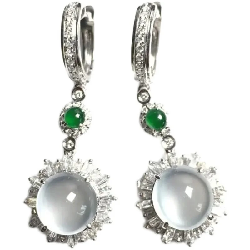 

White Ice Chalcedony Glass Egg Earrings Female S925 Inlaid Emerald Egg Noodle Ring Brand New National Style Retro Style