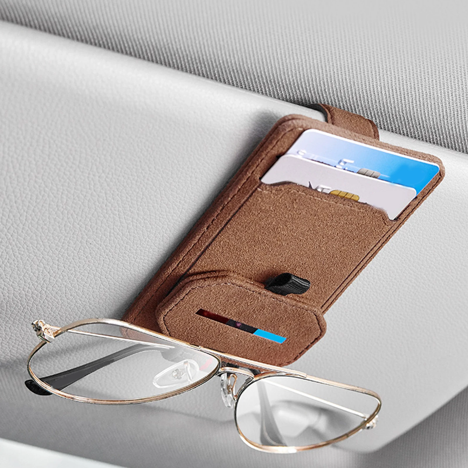 

Magnetic Leather Sunglass Holder for Car Sun Visor Eyeglass Hanger Clip Card Ticket Pocket Storage Pouch Organizer Universal