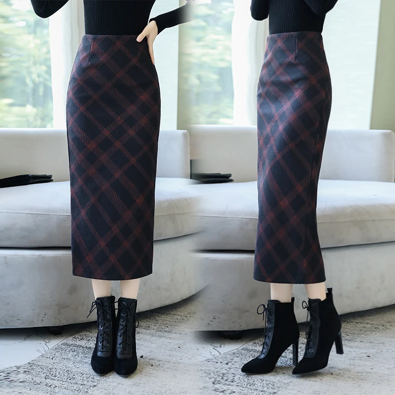 Осенне зимние новые женские облегающие клетчатые утепленные шерстяные юбки в