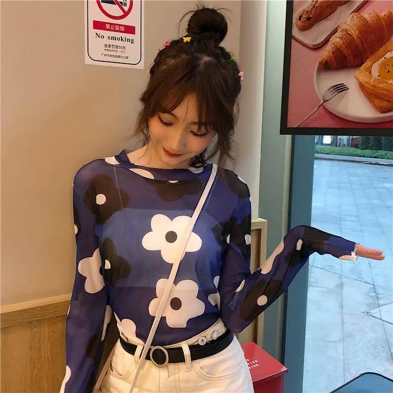 long sleeve T-shirt Летняя каваи Сетчатая футболка с длинными рукавами, с цветочным принтом, сексуальная прозрачная пляжная женская футболка, XXL - Цвет: long sleeve T-shirt