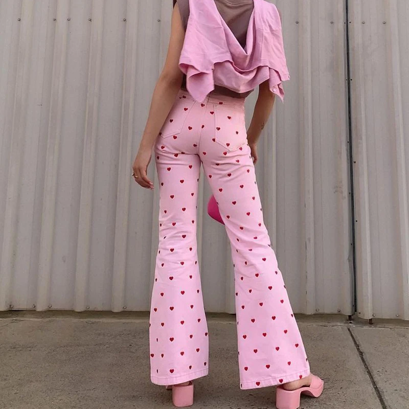 Harajuku Y2K Pink Pants Heart Printed Sweet Trousers Vintage Aesthetic Party Pants Pockets Joggers Outfits Women New Streetwear