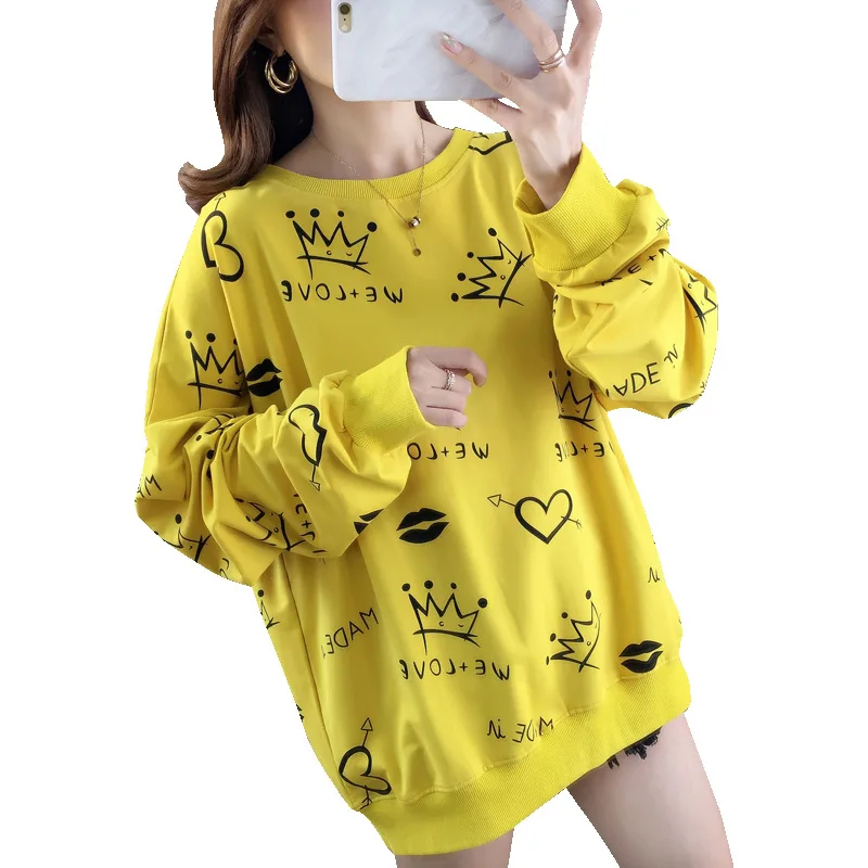 

Women Hoodies Sweatshirts O Neck Long Sleeve Loose Long Hoodie Female Thin Korean Spring Autumn Hoodie Print Tops Female Street