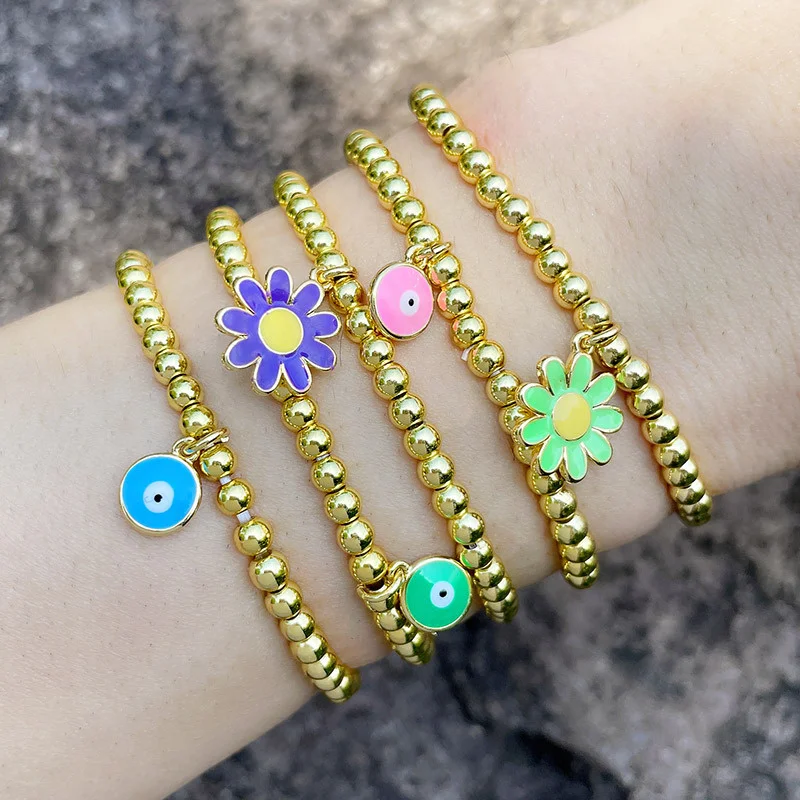 

2021 New Fashion Women Bohemian Flower Demon Eye Pendant Metal Beads Bracelet Women's Sexy Chain Adjustable Bracelet Jewerly