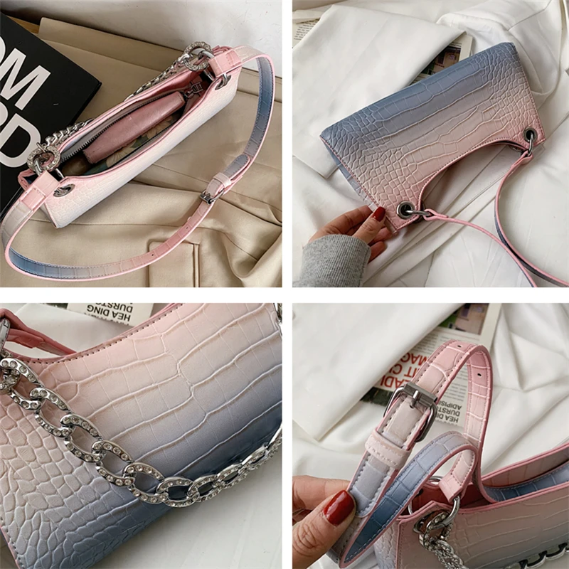 

Spring 2021 Chic Rainbow Gradient Shoulder Bags For Women Brand Designer Crocodile Effect High Quality PU Leather Female Clutch