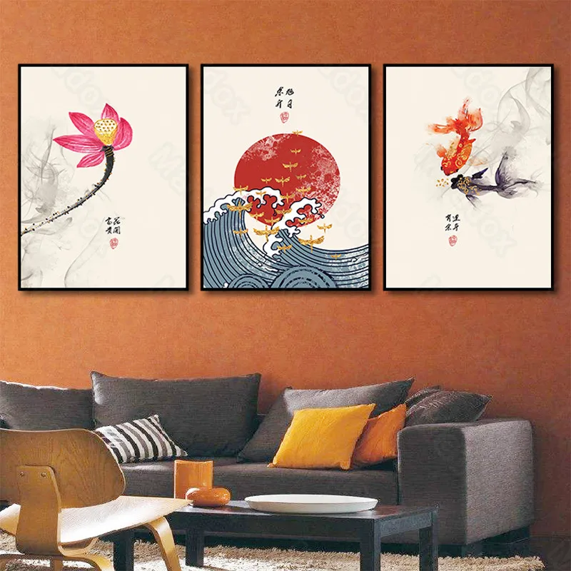 

Canvas Printing Modern Chinese Waves Lotus Goldfish Sunrise Birds Koi Good Things Are Double Good Omen Hanging Paintings