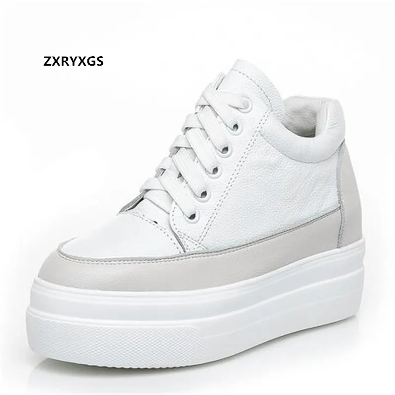

2021 New Genuine Leather Single Shoes Thick Sole Platform Internal Increase High Heels Winter Warm Shoes Women Shoes Black White