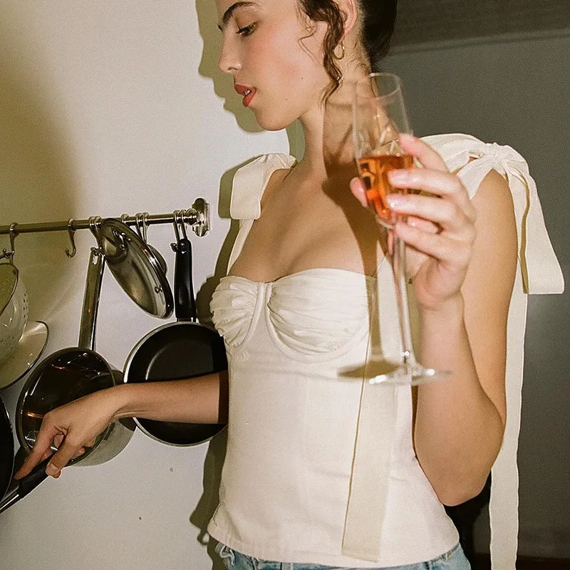 Hot Sale Summer Fashion 2020 New Arrivals Sexy Spaghetti Strap Ribbons Black White Ruched High Street Women Tops Crop Camis | Женская