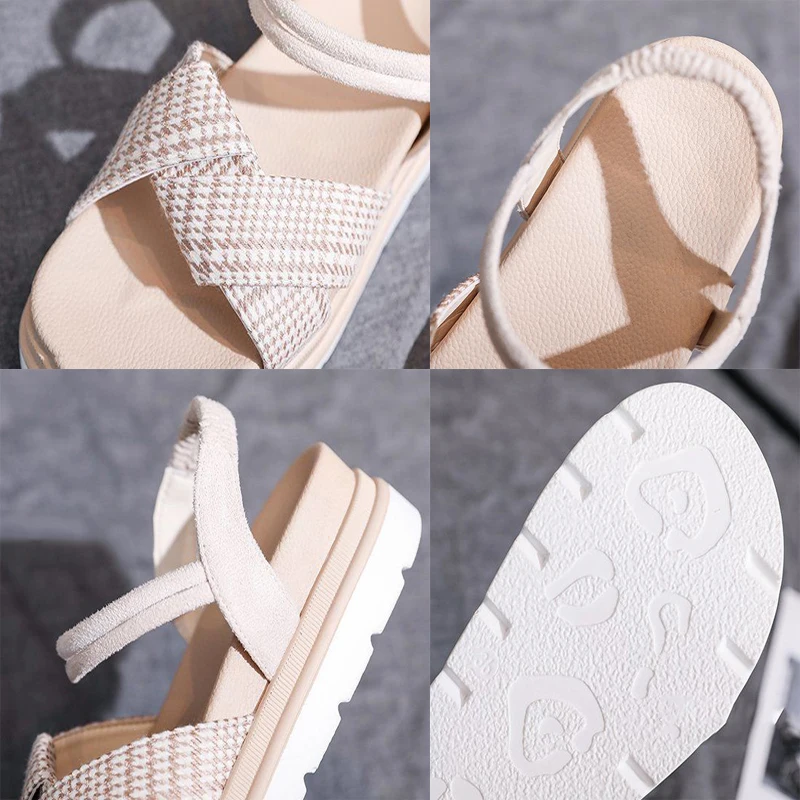 

Lattice Knitted Fabric Patchwork Hollowed Hook & Loop Thick Bottom Sandals Designer Geared Non-Slip Open Toed Light Beach Shoes