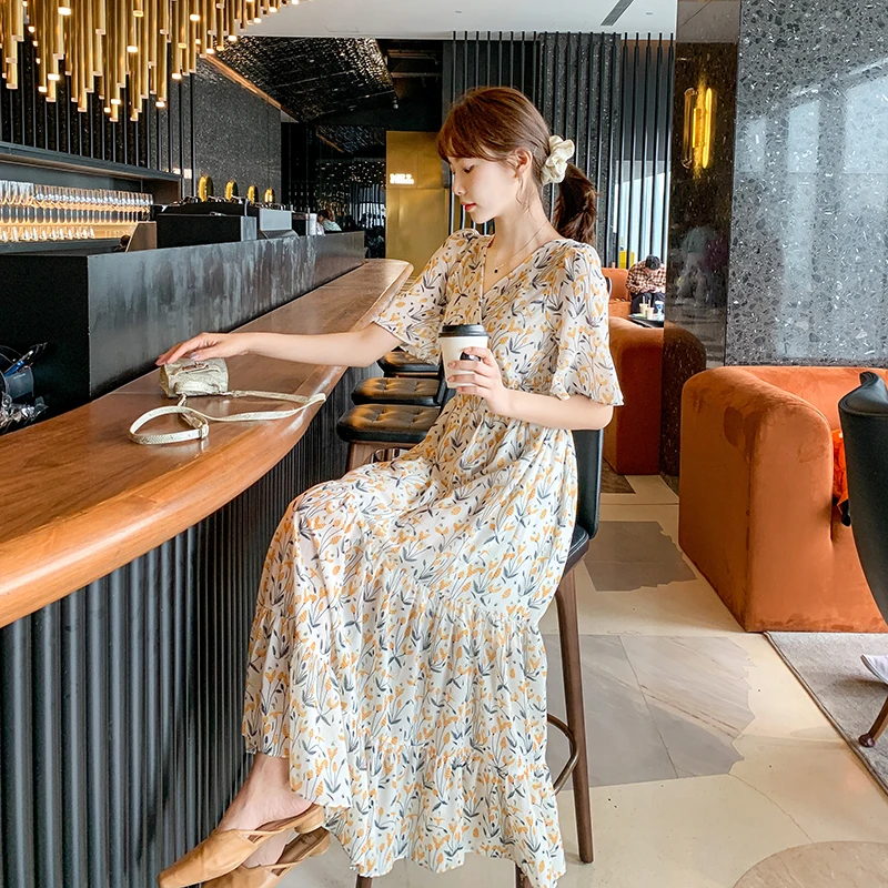 

2021 V Neck Slim Waist Woman Print Short Sleeve Chiffon Midi Dress Femme Dress