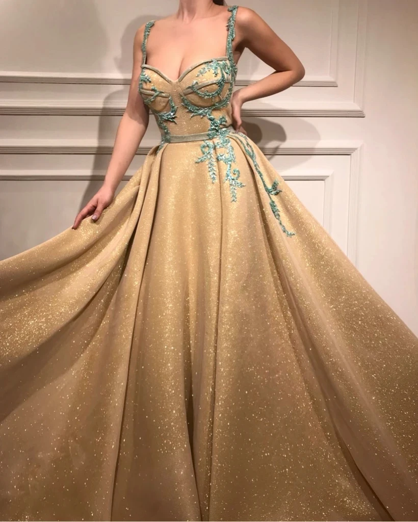 

Champagne Moroccan Evening Dresses A-line Spaghetti Straps Sequins Appliques Long Turkey Dubai Saudi Arabia Prom Dress Gown
