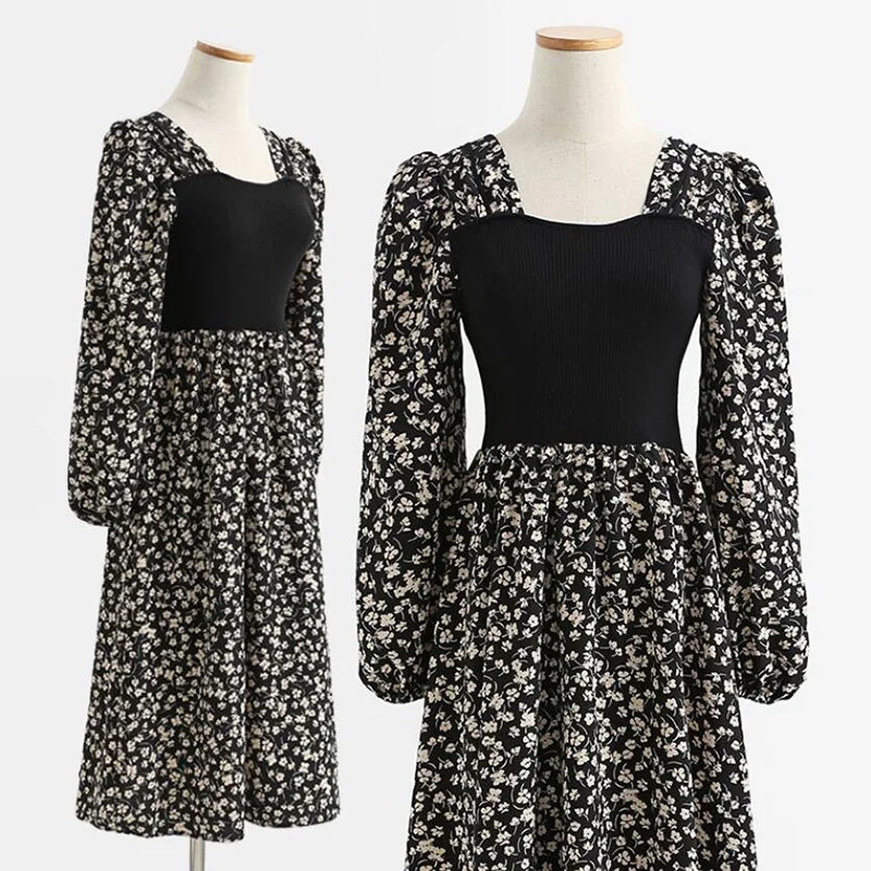 

Long Sleeve Square Neck Floral Print Women Dress French Vintage Knitting Patchwork Chiffon Dresses Elegant Party Midi Vestidos