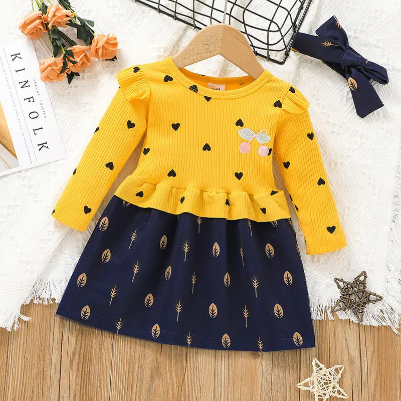 

Autumn Winter 2021 New Girls Dress Long Sleeve Patchwork Print Heart Ruffles Cute Sweet Baby Vestidos 3-7T