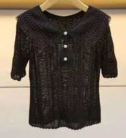 2021 summer fashion sweaters pullovers high quality women v neck crochet knitting short sleeve casual black white jumpers