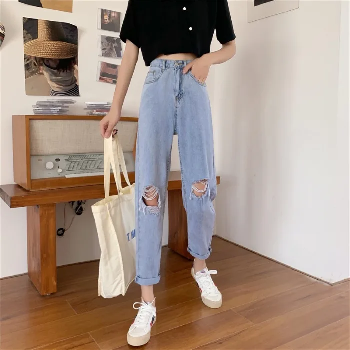 

Ripped Cool Jeans Women's 2021 Spring Korean Style New Retro High Waist Baggy Straight Trousers All-Match Cropped Pants