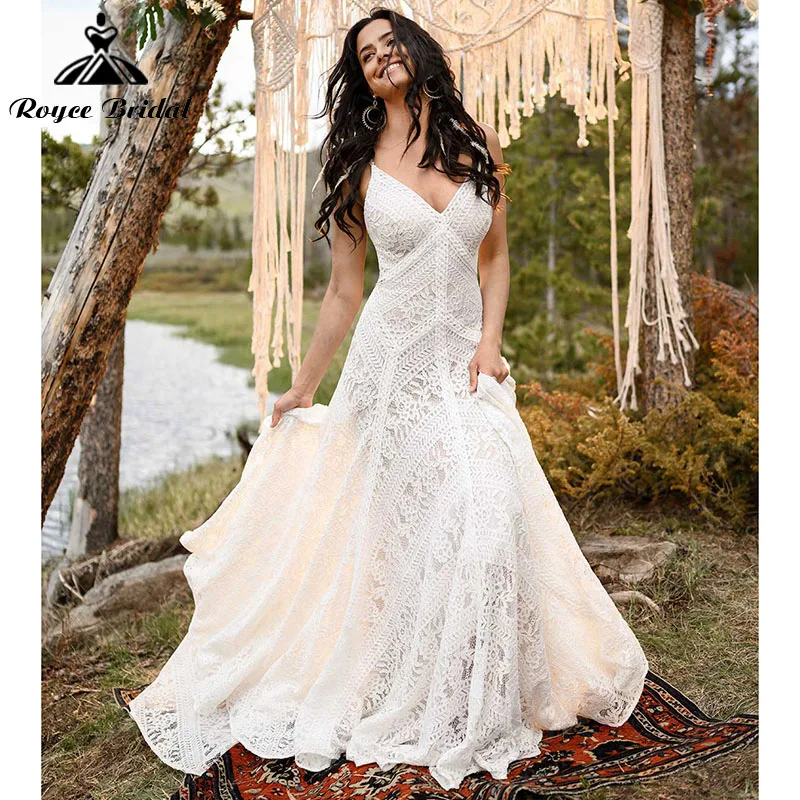 

Trouwjurk Mermaid Boho Bohemian Wedding Dresses with Detachable Sleeve Lace V Neck Spaghetti Straps suknia slubna syrenka 2022