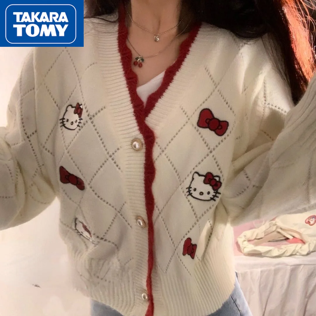 

TAKARA TOMY Модный женский милый мультяшный Топ Hello Kitty простой удобный повседневный Дикий милый свитер кардиган