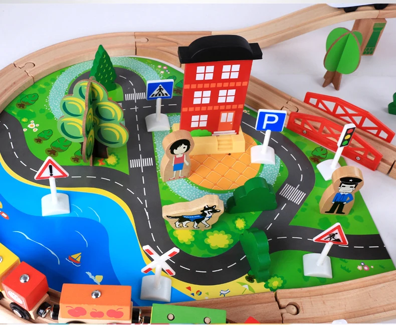 88pcs Montessori Wooden small train track set magnetic electric car head 3-7 years old boy building blocks children's toys