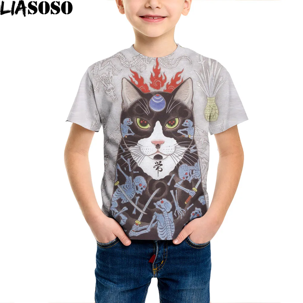 

LIASOSO 3D Print Japanese Samurai Cat Tattoo Children's T-shirt Cool Classic Art Tshirt Women Casual Harajuku Shirt Fitness Tops