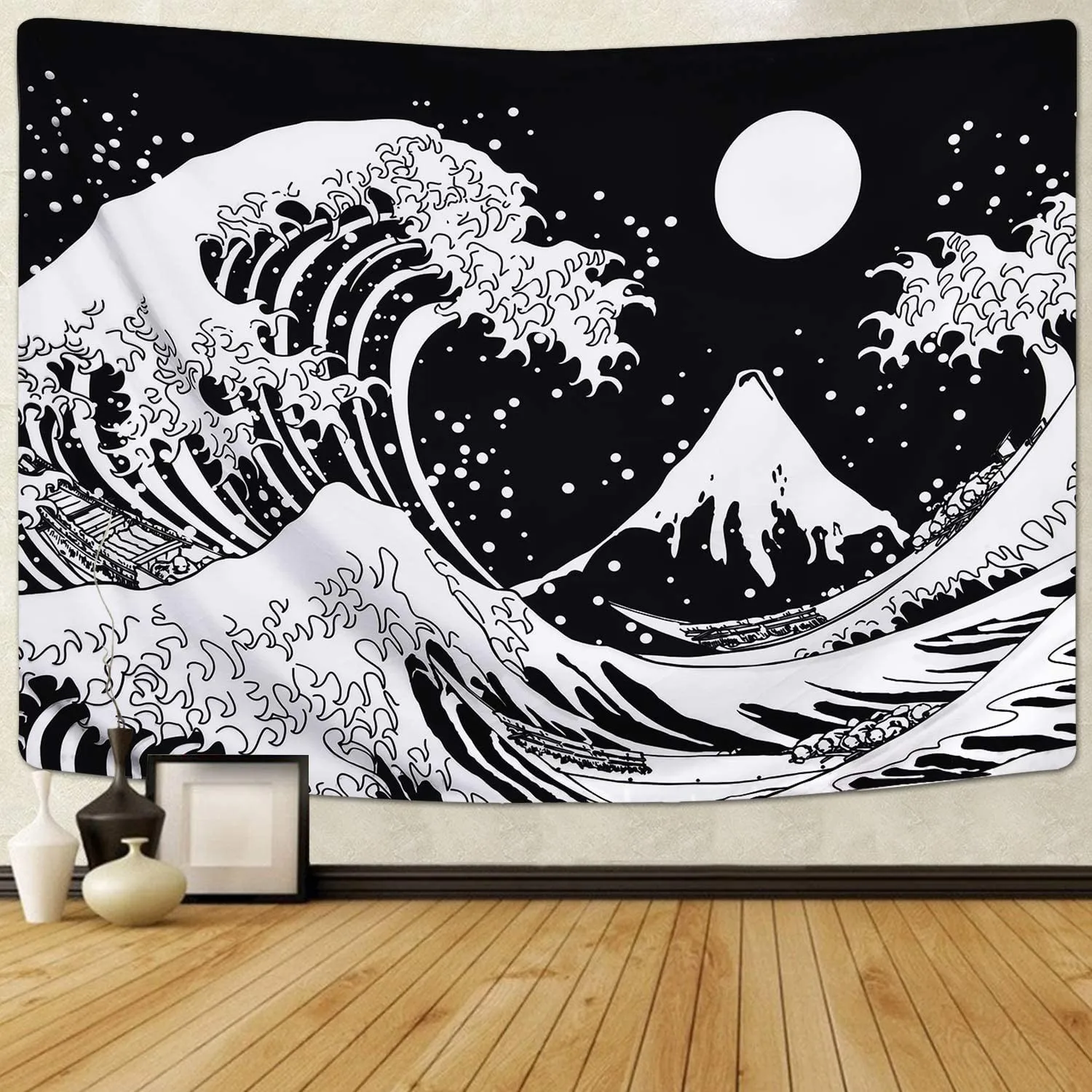 

Large-size 90x70 Inch Japanese Ocean Wave Tapestry Kanagawa Great Wave Tapestry With Moon Tapestries Black And White Tapestry