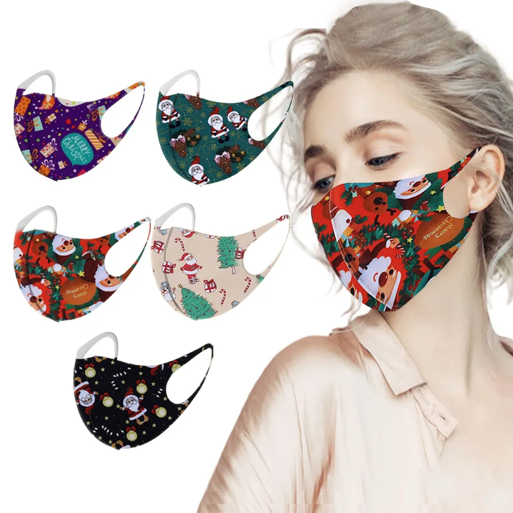 

5pcs Christmas Cloth Mask Print Sun Protection Washable Cloth Mask Elastic Fabric Masks Bandage Masque Facemask Xmas Navidad