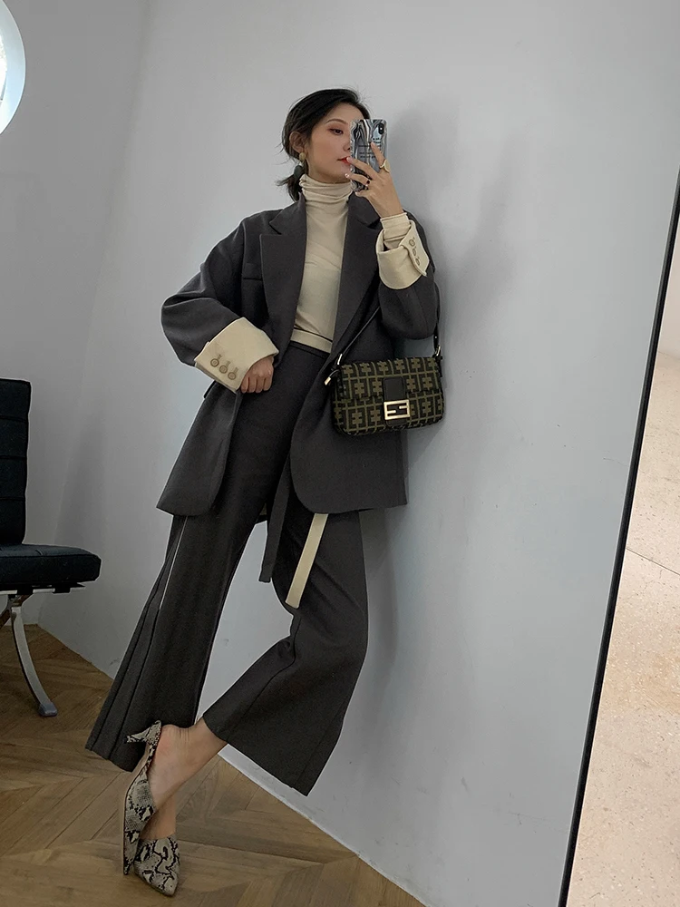 Женский шерстяной комплект из 2 предметов зимний пиджак кардиган и брюки с