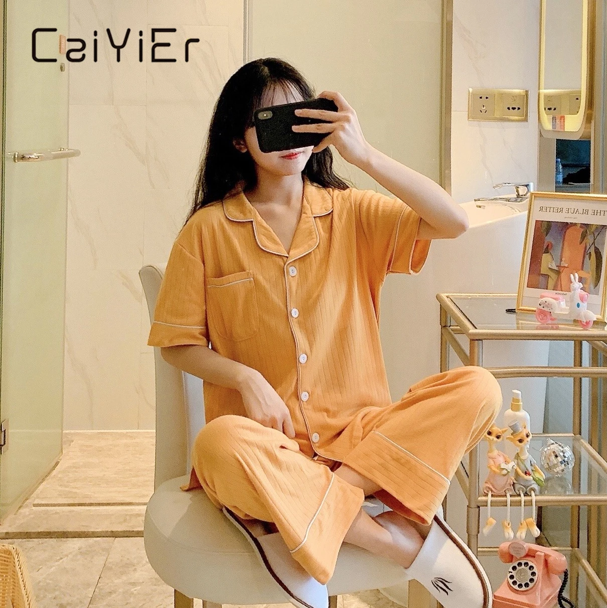 CAIYIER New Summer Cotton Pajamas Set Short Sleeve Tops+Trousers Sleepwear Women Casual Pure Color Turn-down Collar Nightwear