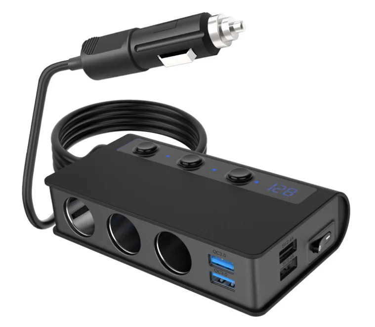 

180W QC 3.0 Car Charger 12V/24V Cigarette Lighter Adapter with 3 sockets 6.6A 4-Port Quick Charge USB Outlet Switche and Display