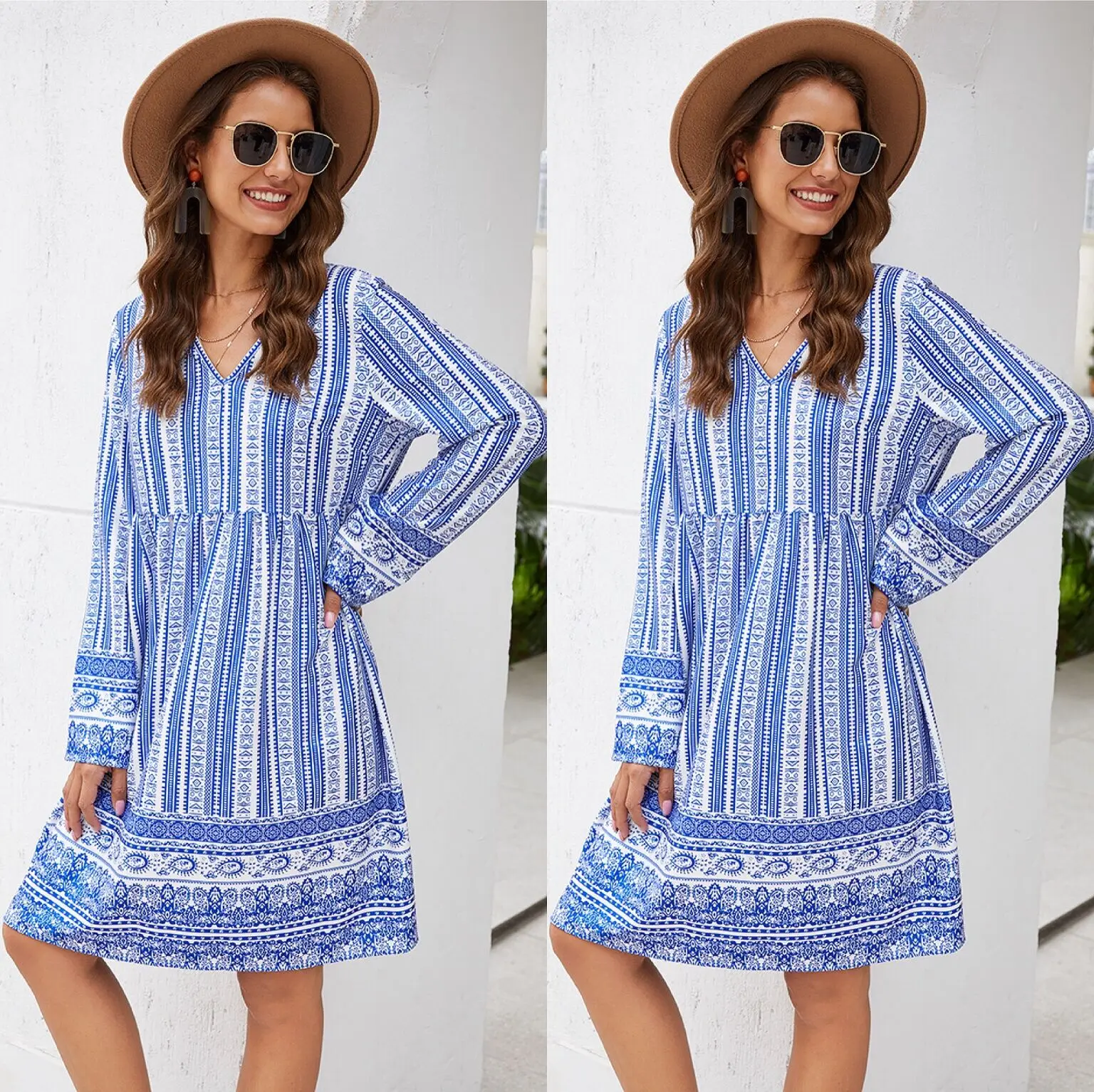 

Женское платье с длинным рукавом, V-образным вырезом, высокой талией