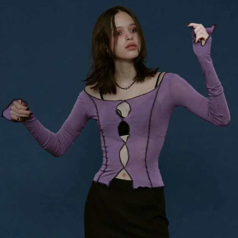 

Y2K Spring Top Shirt Female Long-sleeved Hollow Slim Top Fashion Pure Color Elegant Club Sexy Top Female Harajuku Style Egirl