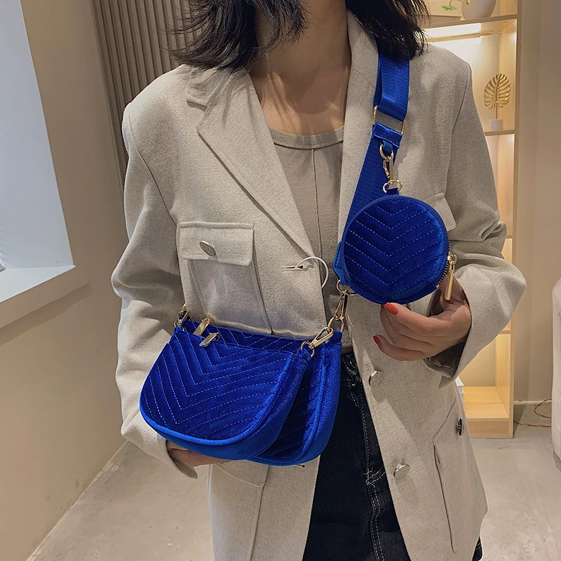 

V Pattern 3-piece Set Golden Velvet Small Shoulder Crossbody Bag for Women 2021 hit Winter Casual Designer Purses and Handbags