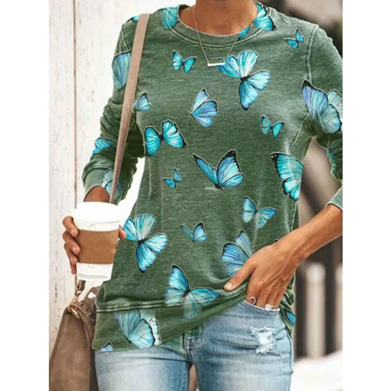 

Autumn New Women's Butterfly Printed Round Neck Hedging Long-Sleeved Top Fashion Casual Plus Size T-Shirts Loose Clothing