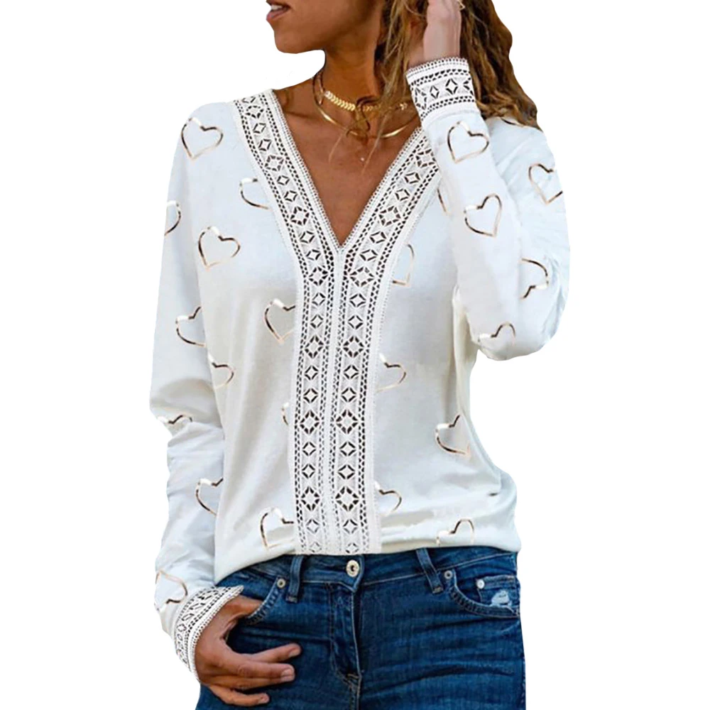 

Sale Fashion Women Lace Splicing T Shirt 2021 Elegant Sexy V Collar Spring Autumn Bottoming Long Sleeve Office Ladies Tops