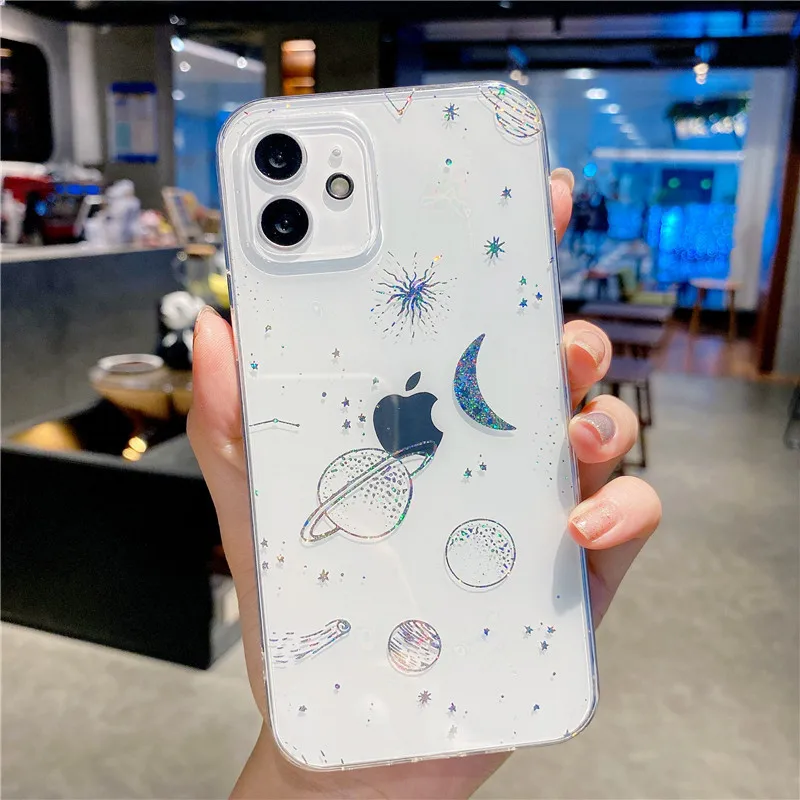 

Electroplated Glitter Space planet phone Cases For iphone 13 12 Pro X XR XS MAX 7 8 Plus clear Soft silicon Star back cover Case