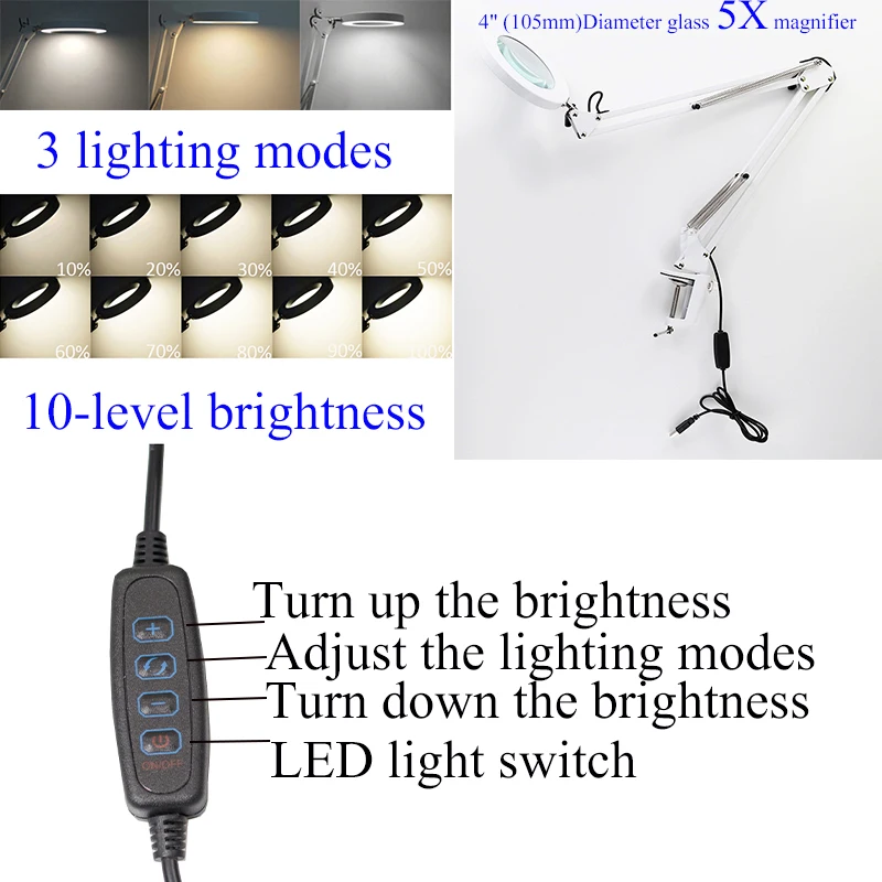 5X Стекло увеличительное светодиодный настольная лампа с плавной регулировкой