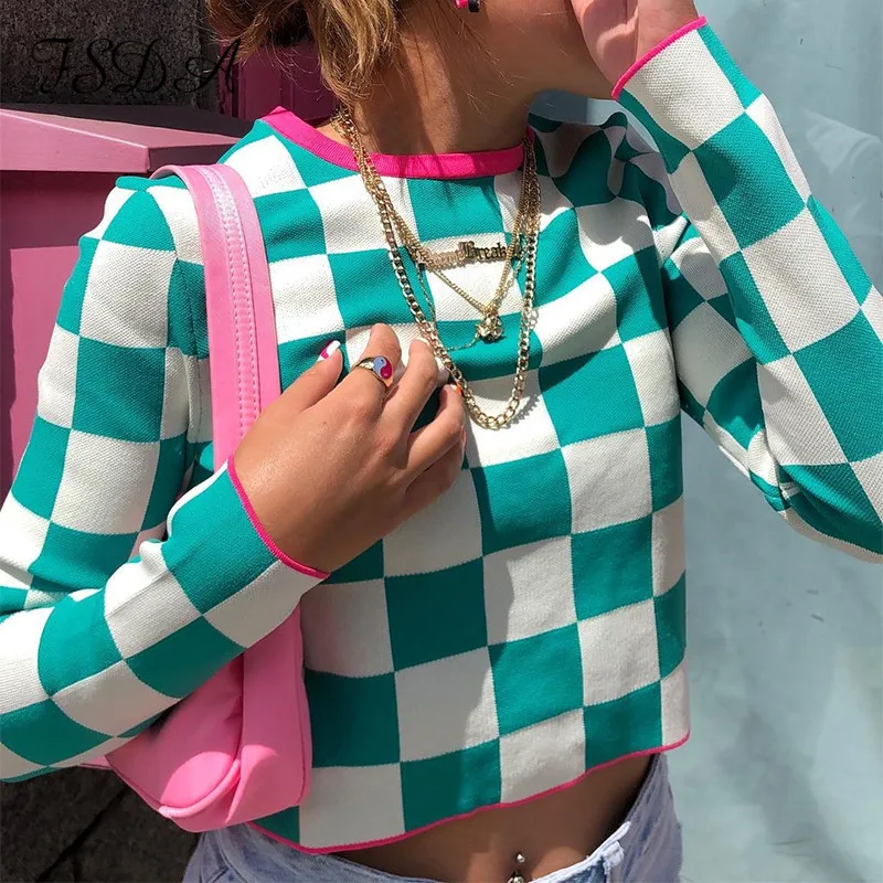 

Женский Повседневный свитер в клетку, теплый вязаный джемпер с длинным рукавом и круглым вырезом, зеленый пуловер на осень и зиму, 2021