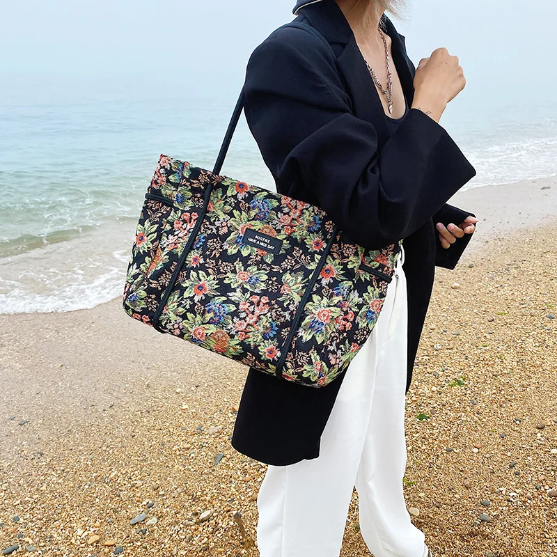 

Retro Flowers Printed Large-capacity Shopper , Soft Canvas Tote Bag , Soft Shoulder Bag , Womem Beach Bag