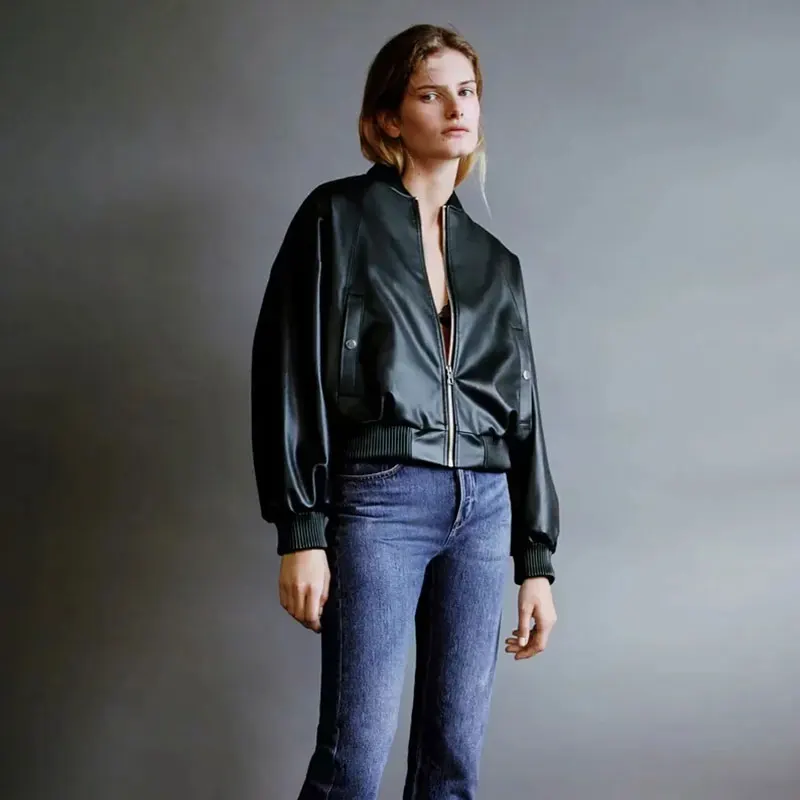 

Nlzgmsj Za Women 2021 Black Faux Leather Jacket Coat Casual Pockets Solid Biker Bomber Jacket Outwear Female Clothing 202108