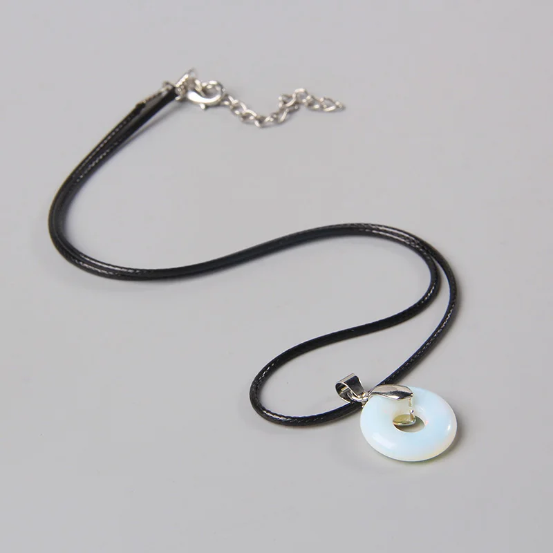 

Natural Green Aventurine Jad Peace Buckle Pendant Necklace Women Fashion Black Leather Rope Big Hole Sodalite Beads Charm Collar