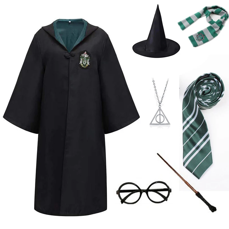 

Slytherin Cosplay Costume Clothing Men Women Girl Boy Magic Cosplay Cloak Robe Tie Scarf Wand Accessories Halloween Clothes