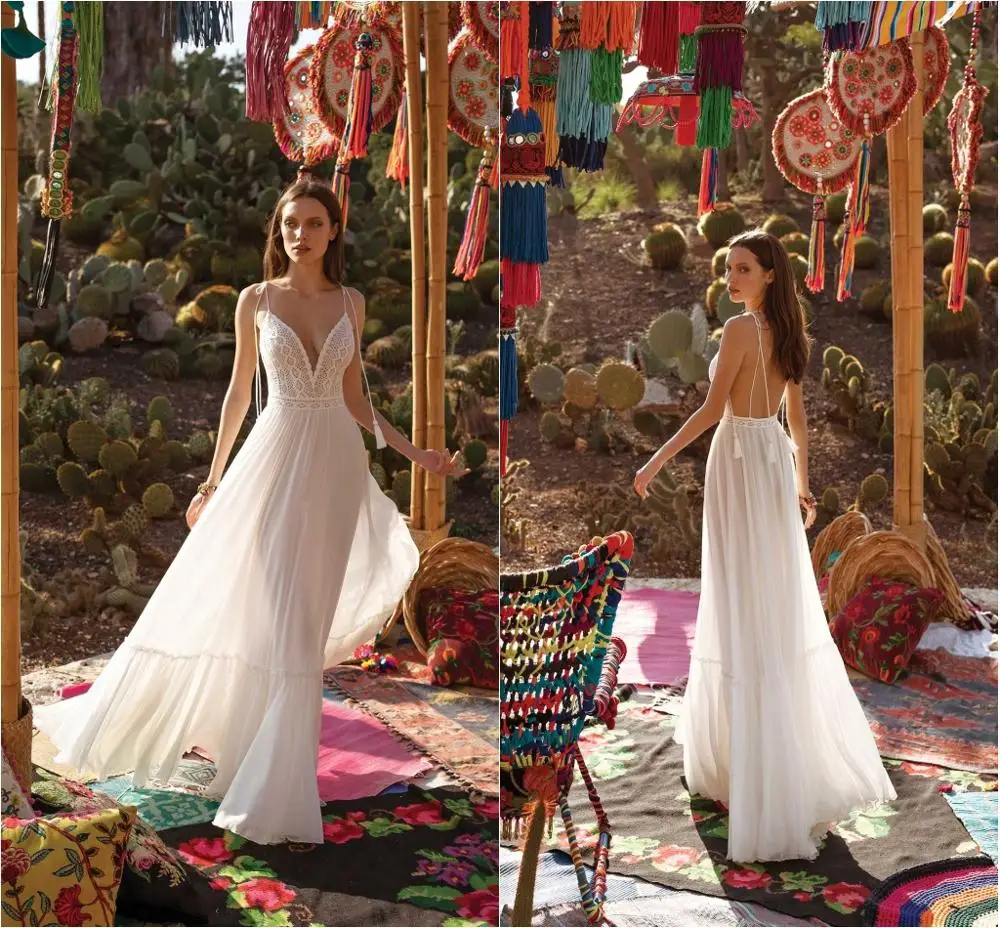 

2020 Beach Wedding Dresses Spaghetti Lace Applique A Line Bohemian Wedding Dress Floor Length Sexy Backless Robes De Mariée