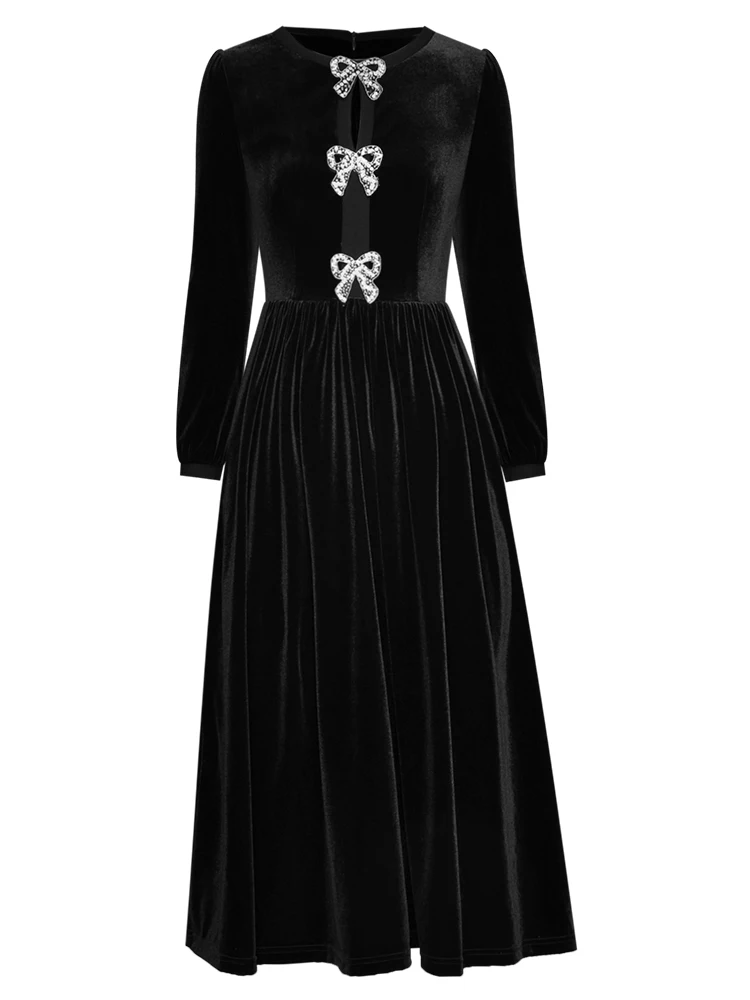 

Spring Fashion 2021 Women Luxury Sequined Bow Velvet Casual Dresses For Ladies Clothes 2 Color Ydy