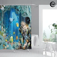 wholesale printing sea fish waterproof 90gsm fabric hooks bath shower curtain new design polyester animal bathroom curtain