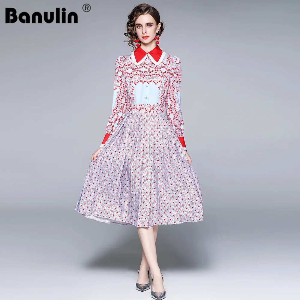 Женское плиссированное платье Banulin элегантное в горошек с длинным рукавом и