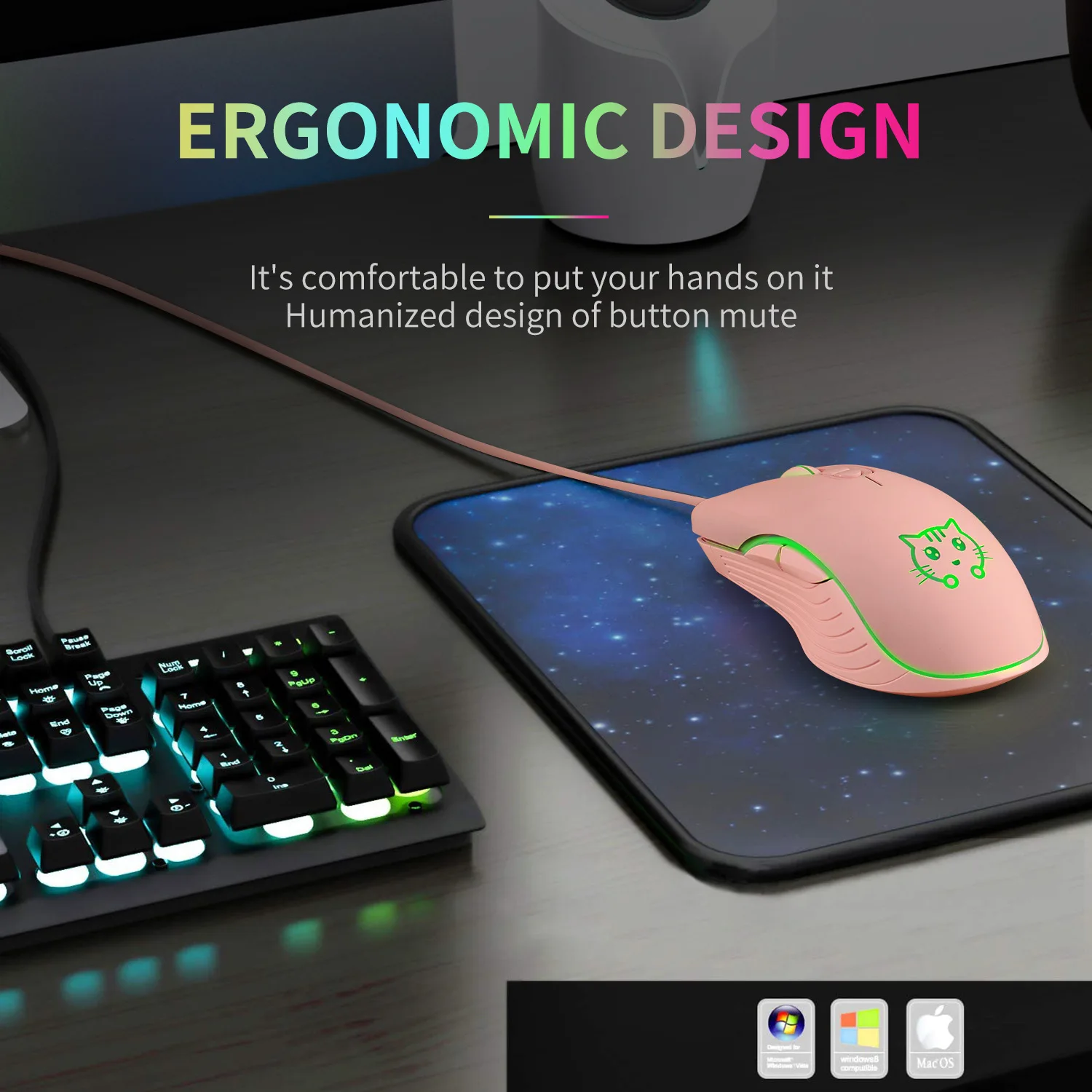 

USB Wired Gaming Mouse Pink Computer Professional E-sports Mouse 2400 DPI Colorful Backlit Silent Mouse for Lol Data Laptop Pc