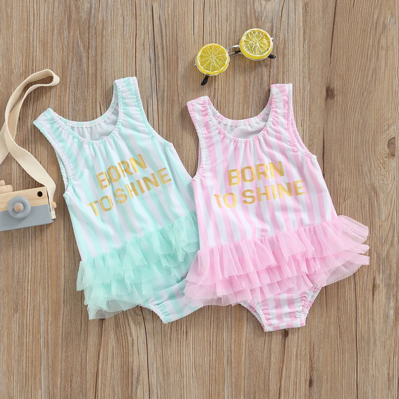 

1-6Y Lovely Summer Toddler Kids Girls Swimwear Sleeveless Letter Striped Print Lace Tutu Bodysuits Swimsuits Bathing Suits