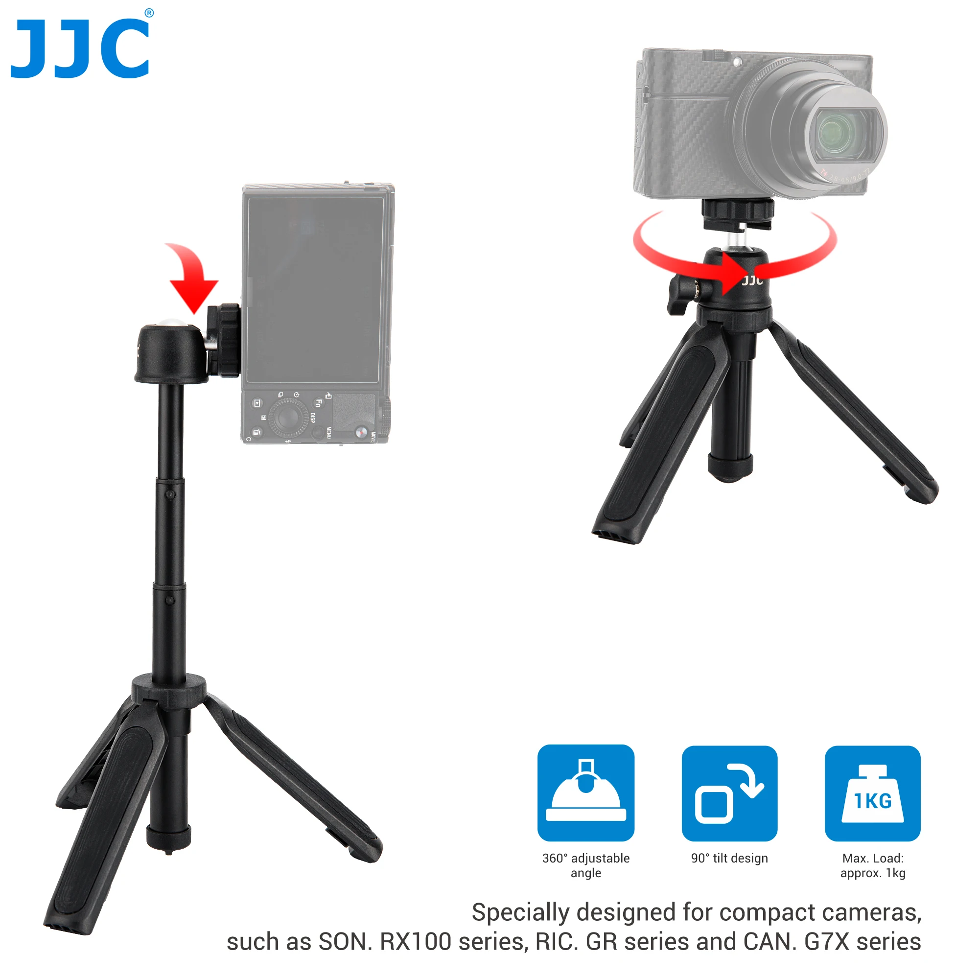 

JJC 3 In 1 Mini Tripod Selfie Stick Hand Grip for Sony ZV1 RX100 II III IV V VI VA VII Ricoh GR II III Olympus TG5 TG4 and more