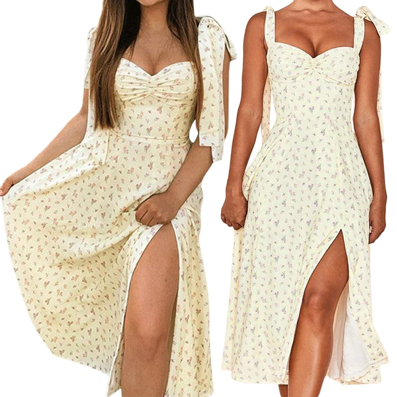 

2021 Female Summer Casual Temperament High Slit Suspender Dress Sexy Sleeveless Bow Tie Lace Floral Print Mid-Length Dress