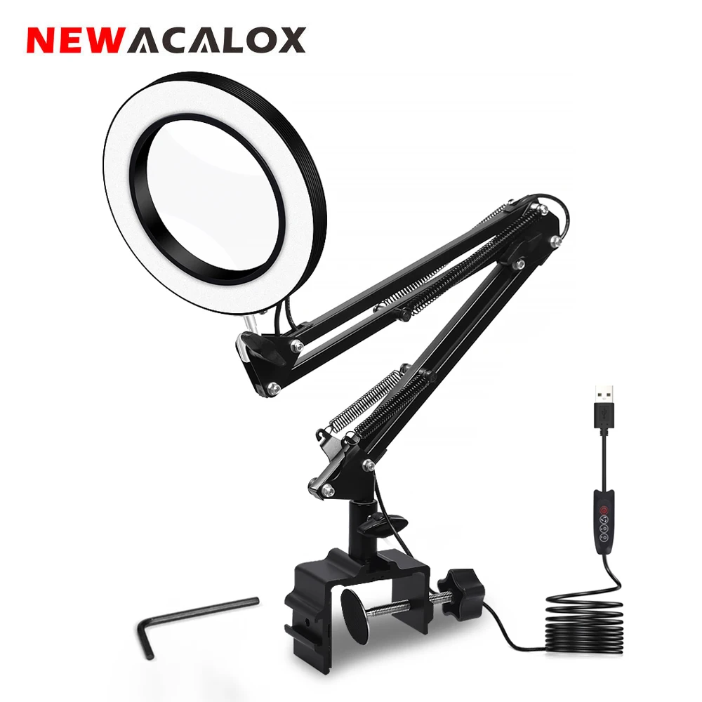 NEWACALOX USB 5X Лупа с подсветкой 3 цвета настольная лампа увеличительное стекло пайка сторонний инструмент гибкая лупа для чтения