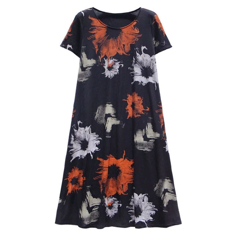 

2021 Summer New Women Korean Fashion Elegant Loose O-neck Short Sleeve Floral Printing Mid-calf A-line Dress Plus Size 5XL Y12